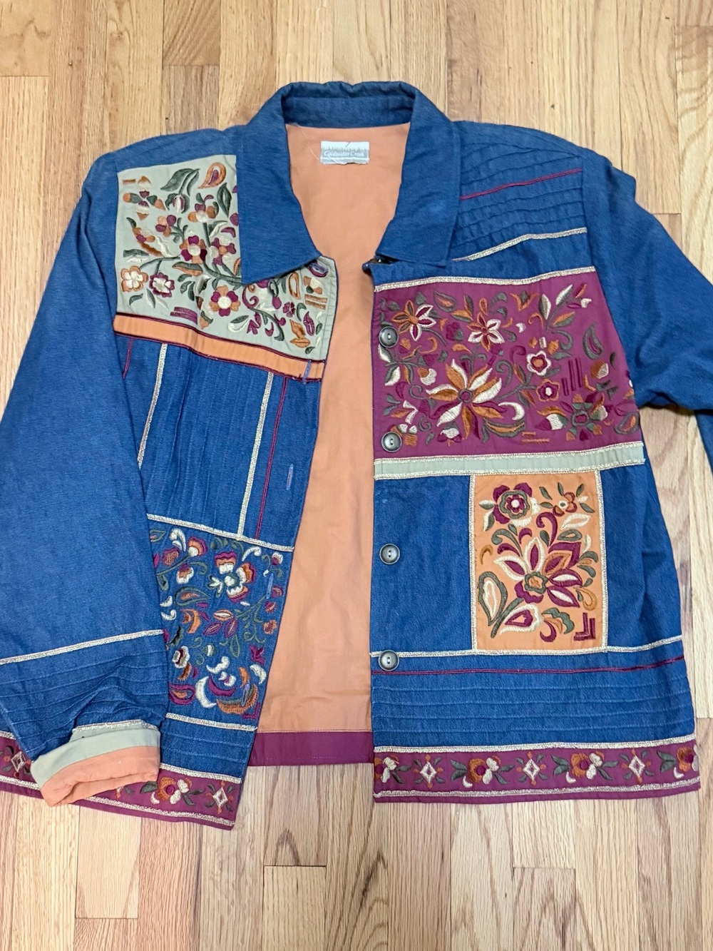 Coldwater Creek Blue Denim Jacket with Rust and Burgundy Floral Panels